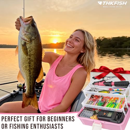 THKFISH 400PCS Fishing Lures Accessories Kit with Large 3-Layer Tackle Box Complete Freshwater Bass Fishing Gear Tools Set with Pliers, Fish Scale, Spinner bait, Hooks, Weights Sinkers, Gift for Women - color: Pink