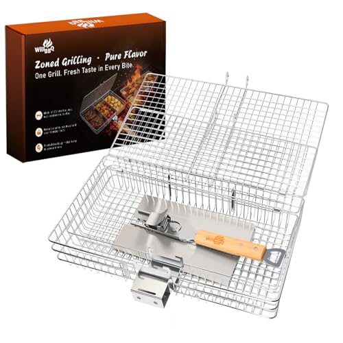 Fish Grill Basket for Outdoor Grill, Stainless Steel ,Removable Wooden Handle, Locking Grill Basket for Fish, Shrimp & Vegetables, Portable Camping BBQ Accessories for Charcoal Grill, Backyard BBQ, Cookout & Tailgating