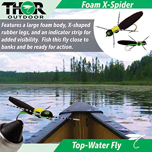 Topwater Fly Fishing Kit for Bass & Panfish | 14 pc Set + Tapered Leader - Foam Poppers, Hoppers, Dry Flies, Spiders, Ants, & Attractors (Hook Size 10 to 12)