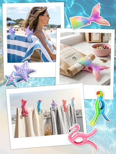8 Pack Towel Clips for Beach Chairs, Perfect Set for 4 Chairs, Jumbo Beach Towel Clips with Strong Grip, Cute Flamingo Parrot Mermaid Tail Starfish Clips for Cruise Pool Patio - style: Parrot + Flamingo + Mermaid Tail + Starfish