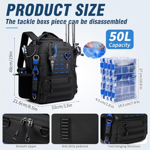 Fishing Tackle Backpack with Tackle Boxes, Two Rod Holders, Bottle Holder, 50L Waterproof Tackle Bag for Fishing Gear, Fish Gifts for Men, Black (4 Tackle Boxes Included - color: Black(4 Tackle Boxes Included)