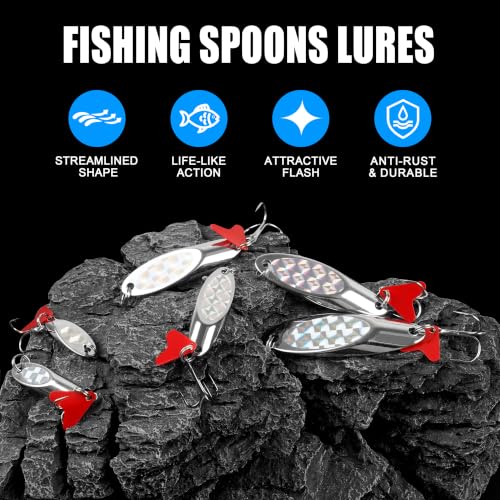 Fishing Lures Casting Spoon Lure, 5pcs Hard Metal Spoon Fishing Lures for Trout Bass Crappie Pike Walleye Saltwater Freshwater Fishing Gear 3/16oz-2oz - color: Silver-red heart, size: 1/4oz(7g)
