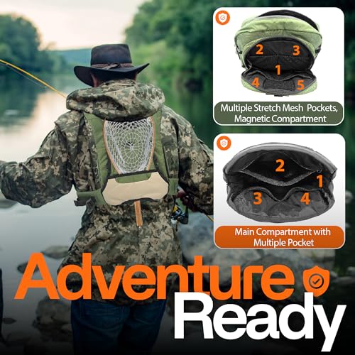 Fishing Chest Pack with Magnetic Pocket, Net Holder and Adjustable Straps | Magnetic Front Pocket, Multiple Storage Compartments, Adjustable Straps, Versatile Chest Bag