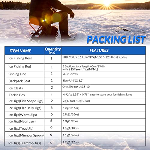 QualyQualy Ice Fishing Rod Reel Combo Complete Set Ice Fishing Gear with Backpack Seat Ice Cleats Ice Fishing Jigs Line Full Ice Fishing Kit 24" 26" - style: Spinning Reel Combo