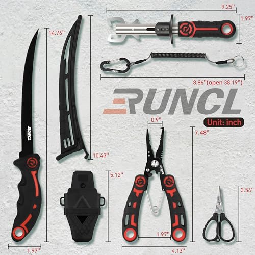RUNCL 4pc Fishing Tool Kit- Fishing Pliers, Fish Fillet Knife with Sharpener, Fish Lip Gripper, Fishing Braid Scissors, Saltwater Fishing Gear and Equipment with Sheath/Lanyard, Fishing Gifts for Men - size: 9 inch