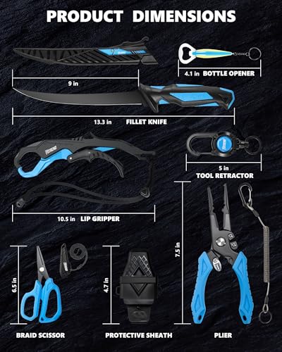 Fishing Tool Kit, Fishing Gear - Fishing Plier with Sheath, Fillet Knife, Fishing Scissors, Fish Lip Gripper, Tool Retractor, Keychain Bottle Opener, Fishing Gifts for Men - color: Blue-7Pcs