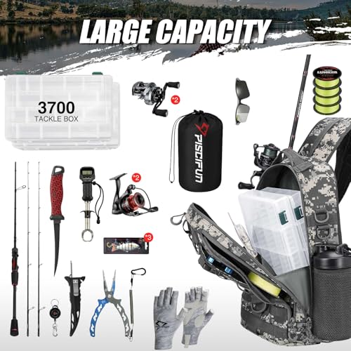Piscifun Fishing Backpack with Rod Holder, Lightweight Sling Bag Storge Gear and Equipment - color: Digital Camouflage, size: Large, style: Latch