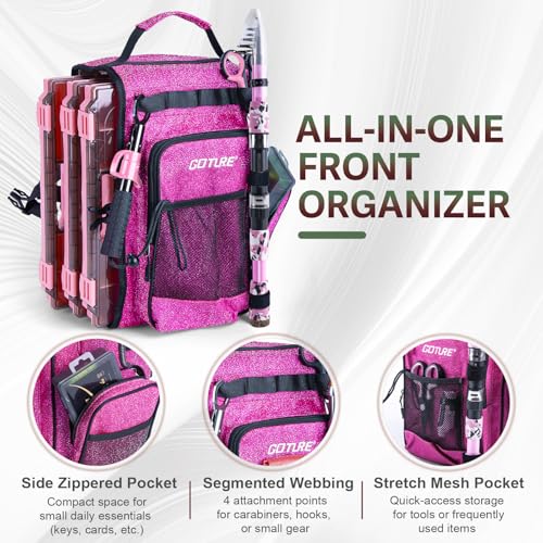 Goture Pink Fishing Rod and Reel Combo with 3700 trays - Spinning Reel Pole with Shimmering Pink Sling Bag - 8FT Telescopic Rod Kit for Starter Travel Saltwater Freshwater - color: Shimmering pink, size: Large bag with 3700 trays, style: Full Fishing Kit(