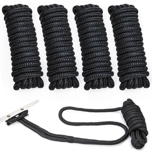 4 Pack 1/2" x 20' Boat Dock Lines, Improved Double Braided Nylon Boat Ropes for Docking with 12" Loop,Hurricane-Resistant Grade Marine Rope for Sailboats,Pontoons,Fishing Boats,Black - size: 1/2" x 20' (Pack of 4)