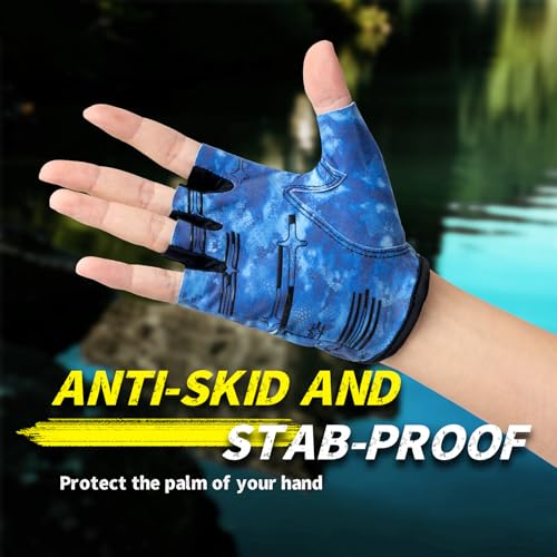 Stubby Fingerless Fishing Gloves Men - Lightweight Breathable Anti-Slip Kayak Gloves Women for Kayaking, Sailing,Paddling,Rowing - color: Camouflage blue, size: Large-X-Large