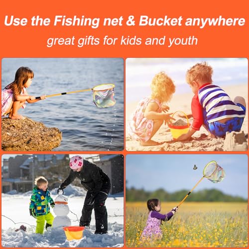 Kids Fishing Net - Telescopic Landing Net with Aluminum Pole Handle, Collapsible Bucket Sand Pail, Butterfly Net for Outdoor Play - color: Orange