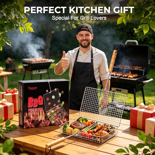 Grill Baskets for Outdoor Grill,Removable Wooden Handle and Divider Panel,BBQ Accessories for Grilling Fish,Veggies,Shrimp,Meat,Premium 304 Stainless Steel,Grilling Tools for Outdoor Cooking & Picnics,Gifts for Father’s Day,Birthday,Festival,Anniversary