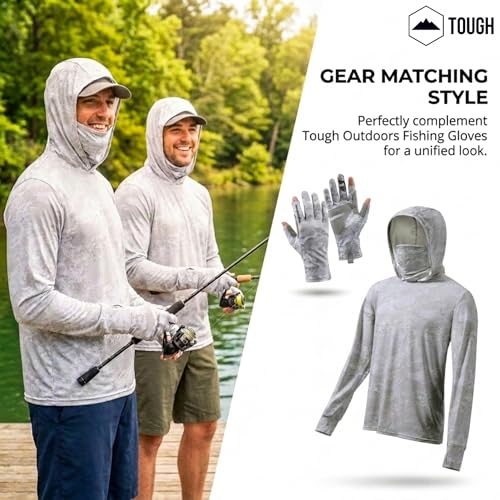Tough Outfitters Hooded Fishing Shirt UPF 50+ Realtree Camo Sun Hoodie for Men Women – Long Sleeve UV Protection Lightweight - color: Grey, size: Medium