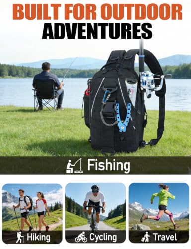 J.SH Tactical Sling Bag, Small Fishing Bag with Rod Holder - Black 12L | Durable Lightweight, Designed for Fishing Gear and Equipment, Gift for Men, Travel, Outdoor Hiking Backpack - color: Black - Medium (12L)