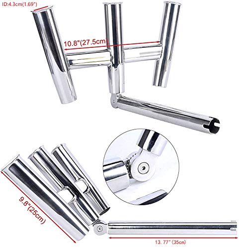 Amarine-made 3 Tube Silver Highly Polished Stainless Steel Trident Outrigger Stylish Rod Holder - Triple Rod Holder , Kite Fishing Mount 3-Rod Holder (Size B)