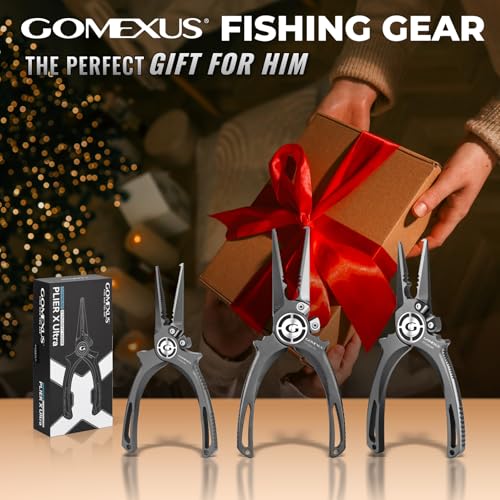 GOMEXUS Fishing Pliers Saltwater with Side Cutters, Never Rust Inshore & Nearshore Titanium Fishing gear with Lanyard & Leather Sheath, Hook Remover, (7'' Split Ring Nose) - color: Split Ring Nose