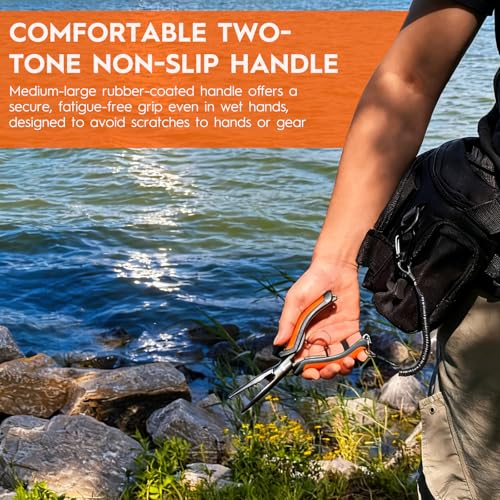 BasicGear Heavy-Duty Fishing Pliers - 7" S45C Carbon Steel Head with Teflon Coating, External Spring & Steel-Core Lanyard - color: S45c Carbon Steel