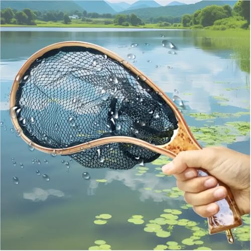 Aventik Fly Fishing Landing Net for Trout Soft Rubber Ghost Mesh Catch and Release Wooden Frame Lightweight and Tangle-Free - style: Tenkara Net