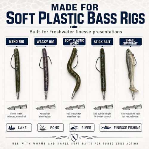 Screw-in Nail Weights for Bass Fishing, 50/70pcs Lead Insert Sinkers, Neko Rig Weights, Wacky Worm Weights, Soft Plastic Worm Weights for Stick Baits, Small Swimbaits, Finesse Lure Tuning Kit - size: 50Pcs-5 Size