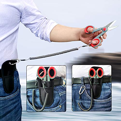BXIO Fishing Scissors with Fishing Lanyard and Nylon Sheath, Braided Line Tools, Heavy Duty Anti-Slip Fiber Cable Cutter, Stainless Steel Fishing Pliers Scissors with Grinding Hook Tool - color: Grey Red