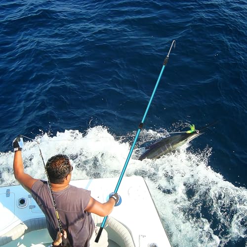 SANLIKE Telescopic Fishing Gaff, Aluminum Pole, Stainless Steel M8 Hook | Ultralight 4.62oz aluminum telescopic gaff (11.4"-24") with nonslip rubber handle, sharp stainless hook & safety lanyard - color: Blue, size: XL-Extended 141.54"
