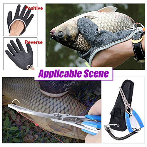 Swpeet 2Pcs Fishing Gear Set, Fisherman Professional Fishing Glove with Magnet Hooks Release and Fishing Pliers Cutters Split Ring Pliers Hook Remover Fish Holder Sheath Lanyard - color: Left, size: Large