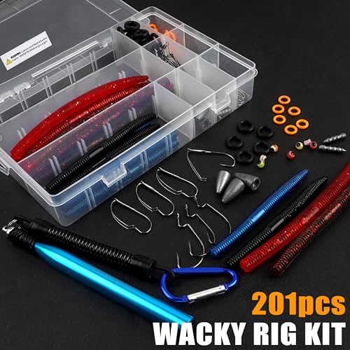 Wacky Rig Kit, 201pcs Bass Fishing Wacky Rig Tool Kit with Soft Plastics Lures Bass Hooks Nail Weights Bullet Sinkers O-Rings Fishing Lures Tackle Box Kit
