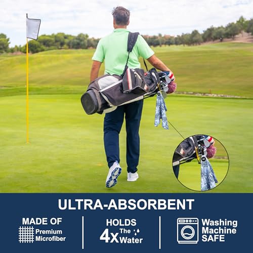 Magnetic Microfiber Waffle Golf Towel – Large 16"x24" Clean Golf Club Ball Magnet Clip to Hang on Bag Cart Strong Premium Ultra Absorbent Gear Blue Tropical Men (Blue Palms) - color: Blue Palms