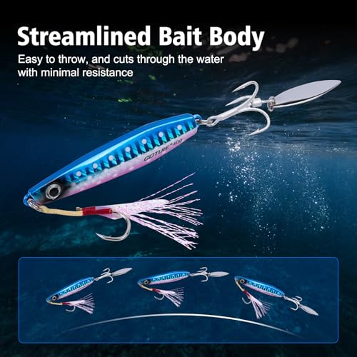 Goture Fishing Jigs, 40g 60g Vertical Jig Saltwater Freshwater, Jig Fishing Lures with Assist Hooks and Treble Hook, Jigging Spoon Lures for Tuna, Salmon,Striped Bass, Grouper Snapper,Kingfish - color: B1:3pcs Fishing Jigs, size: 2.12oz/60g