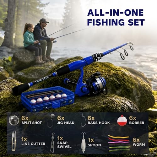 DaddyGoFish Spinning Fishing Rod and Reel Combo Set with Tackle Box | Kids Fishing Pole | Carbon Fiber Telescopic Fishing Rod Kit | Spinning Reel for Travel Saltwater Freshwater Fishing Gear Kit - color: Blue