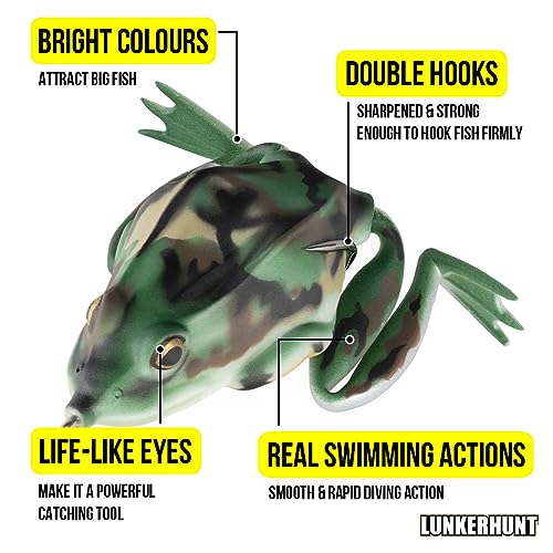 Lunkerhunt - Topwater Fishing Lures for Bass Trout Fishing | Combat Frog Lure for Big Fish | Award Winning Hollow Body Frog Fishing Bait with Weedless Hooks - color: Fox Trot