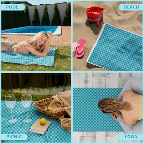 Microfiber Beach Towel Sand Free Quick Dry Oversized Soft Lightweight Teal Light Blue Geometric Checkerboard Pattern for Travel Swim Yoga Pool 71 x 32 Inches 1 Pcs - color: Lake Blue