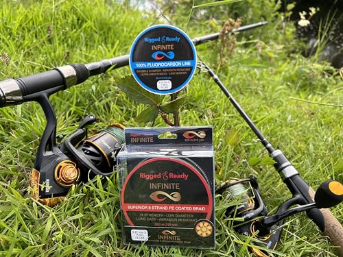 Rigged and Ready Infinite Hi-Performance Fishing Braid 10 to 66lb 4.5 to 30kg PE Coated Line 200m Braided 8 Strand Low Diam No Stretch Long Cast Abrasion Resistant Fast Sink River Lake Sea Fishing