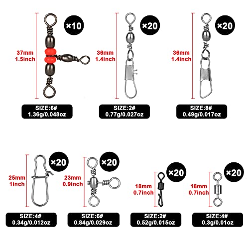 Realure 160 Pcs/box Fishing Swivel Snaps Kit Sea Fishing Barrel Swivel Snaps Ball Bearing Swivels Fishing Tackle with Multiple Fishing Swivels and Clips Luminous Fishing Beads for Saltwater Freshwater