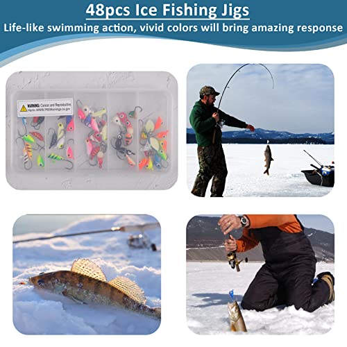 Fishing Lures Ice Fishing Jigs 48pcs Ice Fishing Gear Small Jig Head Panfish Crappie Jigs Ice Fishing Jigging Lures Kit