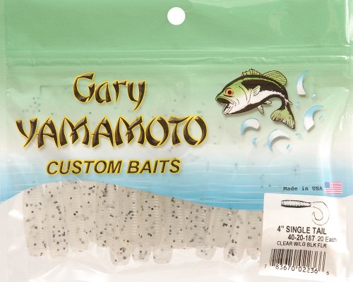 Yamamoto 5 Single Tail Grub Soft Plastic Fishing Angling Swimbait Lures with Tail-Curling Action - 20 Pack - color: CLEAR W/ LARGE BLACK FLAKE (20 PACK)