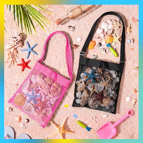 VioraWhite 2 Pcs Extra Large 14 x 16inch Clam Mesh Chum Beach Bags for Seashells Clams Treasures Sand Away Foldable Shell Collection Bags with Adjustable Straps (Pink,Black) - color: Pink,Black
