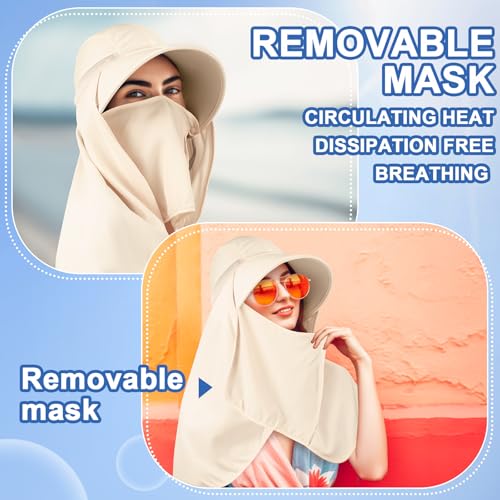 Skicuff 1/3 Pcs Women Sun Hat with Neck Flap Face Cover UPF 50+ UV Protection Wide Brim Visor Fishing Hat for Outdoor Hiking - color: Beige