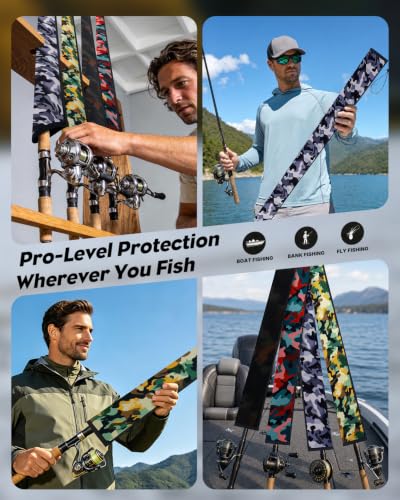Pawfly Neoprene Fishing Rod Sleeve with Straps, Resistant Fishing Rod Socks | Lightproof Fishing Pole Sleeves, Fishing Rods Sleeve, for Transport, Storage, Protect Casting, Trolling & Spinning Rods - size: 65" - 4 Pack (w/ 4 Straps)