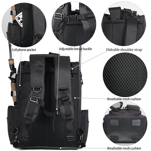 Fishing Tackle Backpack With Rod Holders, Large 40L Fishing Backpack for Camping, Hiking - style: 4 Tackle Boxes Not Included