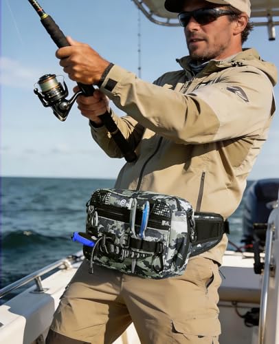 CVLIFE Fishing Tackle Bag Waist Pack with Rod Holder, Water Resistant Fanny Pack Includes 3600 Tackle Box, Waterproof Pouch & Carabiners, Convertible Sling Bag with Net Holster for Gear - color: Tactical Camo