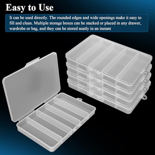 5 Pack 5-Grid Clear Plastic Fishing Tackle Accessory Box, 7" x 4.5" x 0.86" | Ideal for Fishing Hooks/Lures/Plastics, Also Fits Jewelry, Board Game Storage, Screws, Bobby Pins & DIY Crafts Beads Earrings