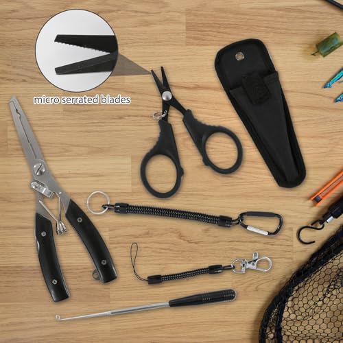 4PCS Set Fishing Scissors, Braided Line Cutter Tool Kit, Portable Fly Tying Scissors, Practical with Hand Rope, Suitable for Braided Fishing Line (Black)