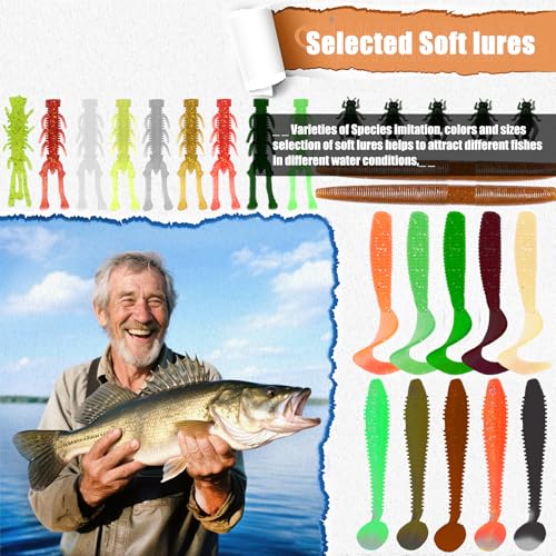 EXAURAFELIS Fishing Lures,Tackle Box with Tackle Included, Crankbaits, Spoon, Shrimp Worm Bait, Hooks,Weights & Other Accessories, Fishing Lures kit Lure Set for Bass Trout Salmon - color: 147pcs