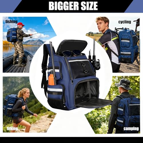 45L Fishing Tackle Backpack with Rod Holders, Waterproof Large Fishing Back Pack Storage Bags & Wraps Gear And Equipment for Men for Camping Hiking, Bottle Holder - color: Blue