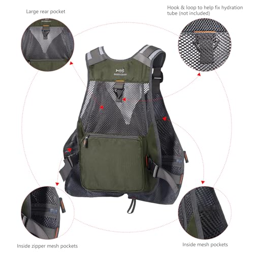 BASSDASH Strap Fishing Vest Adjustable for Men and Women, for Fly Bass Fishing and Outdoor Activities - color: Dark Green