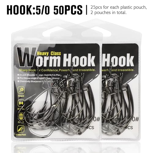 Dovesun EWG Offset Worm Hooks for Bass Fishing 100PCS/50PCS Texas Rig Hooks for Freshwater Saltwater 1# 1/0 2/0 3/0 4/0 - color: 5/0 * 50PCS