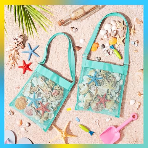VioraWhite 2 Pcs Extra Large 14 x 16inch Clam Mesh Chum Beach Bags for Seashells Clams Treasures Sand Away Foldable Shell Collection Bags with Adjustable Straps (Aqua) - color: Aqua