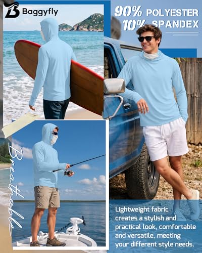 Men's UPF 50+ Sun Protection Hoodies Mask Long Sleeve Thumbholes Lightweight Dry Rash Guards Running Fishing Shirts - color: Ice Blue, size: Large