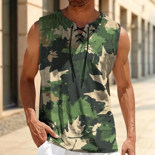 MARSVOVO Mens Print V-Neck Tank Tops Casual Lace-Up Loose Fit Graphic Vest Lightweight Breathable Sleeveless Shirts - color: Pattern a, size: 3X-Large